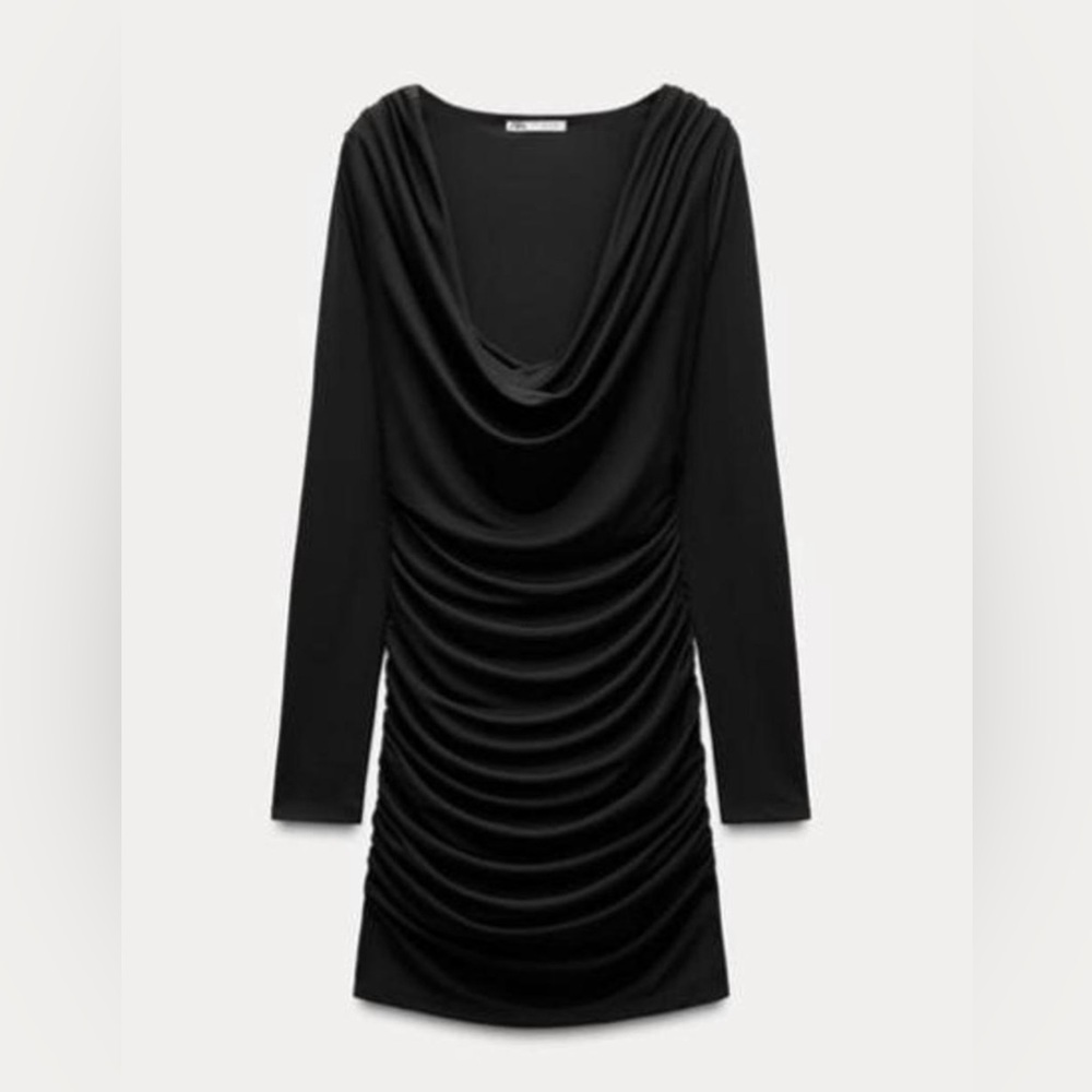 Zara black cowl neck long sleeve bodycon dress with ruching in size small NWT